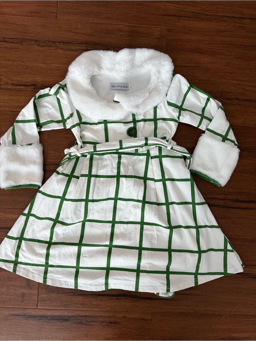 Only Little Once Christmas White and Green Windowpane Rockette Coat Dress Size 7